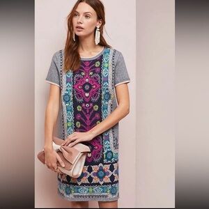 Anthropologie Sweater Dress Kaleidoscope Print Knit Gray Multicolor Size M